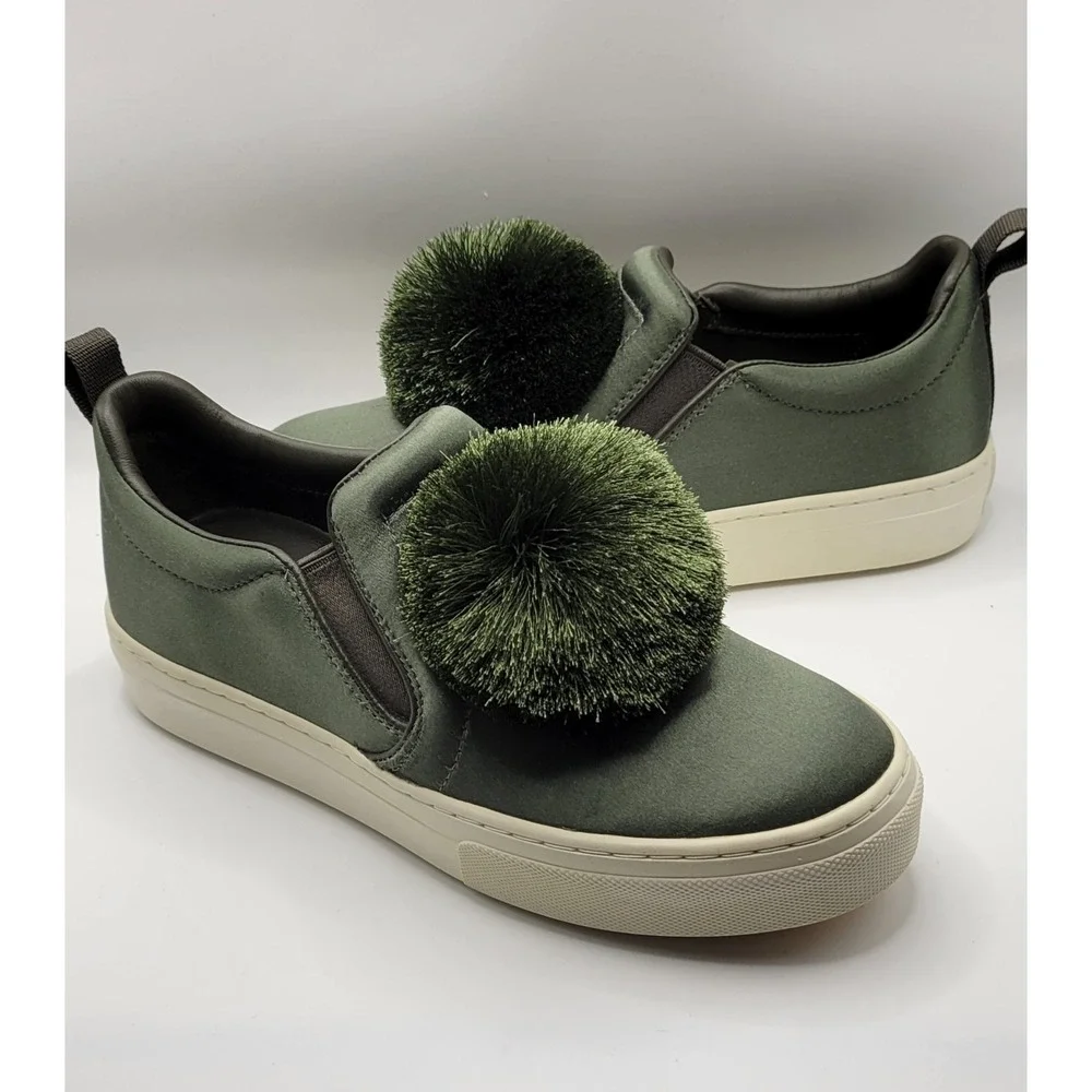 Green Satin Tory Burch With Pom Pom Trim Slip On Loafer Size 6.5